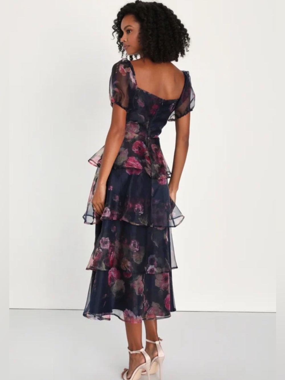 Lulus Oh-So Stunning Organza Tiered Midi Dress Womens 2XL Blue Magenta Floral